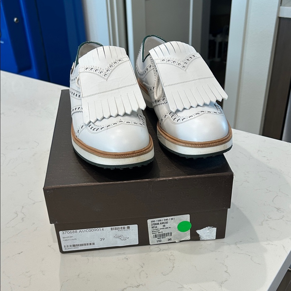 Gucci White Leather Fringe Loafers, women’s golf shoes